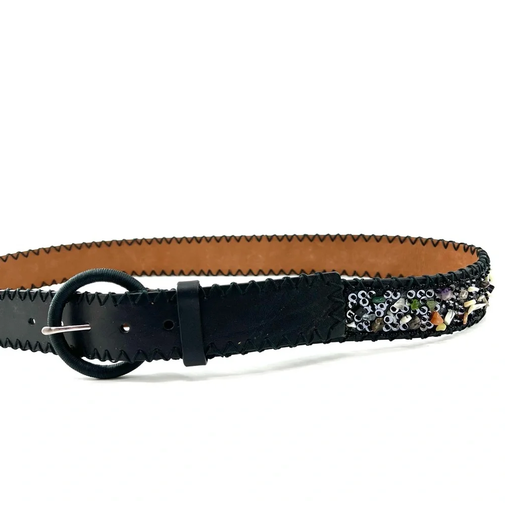 Leather Gemstone Belt Embellished Black‎ Sz M Sequins Multicolored